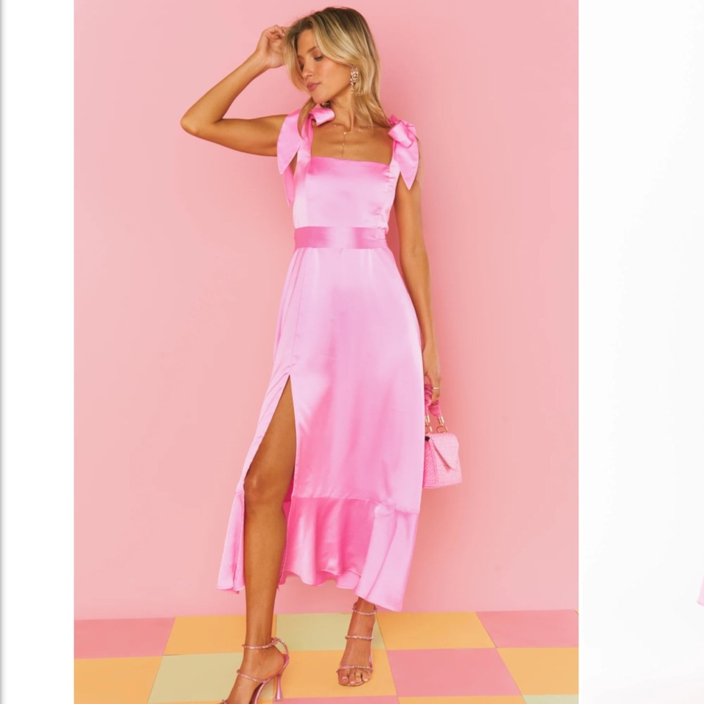 Show Me Your Mumu Garden Midi Dress- Pink Luxe Satin